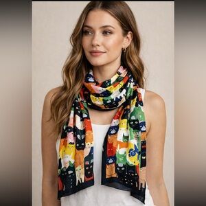 Rachel Zoe Cat Print Scarf Black Multicolor Animal Print Whimsical Designer OS